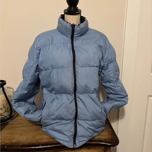 Lands’ End Down Puffer Hood Jacket Sky Blue /Black Reversible Women's size Large